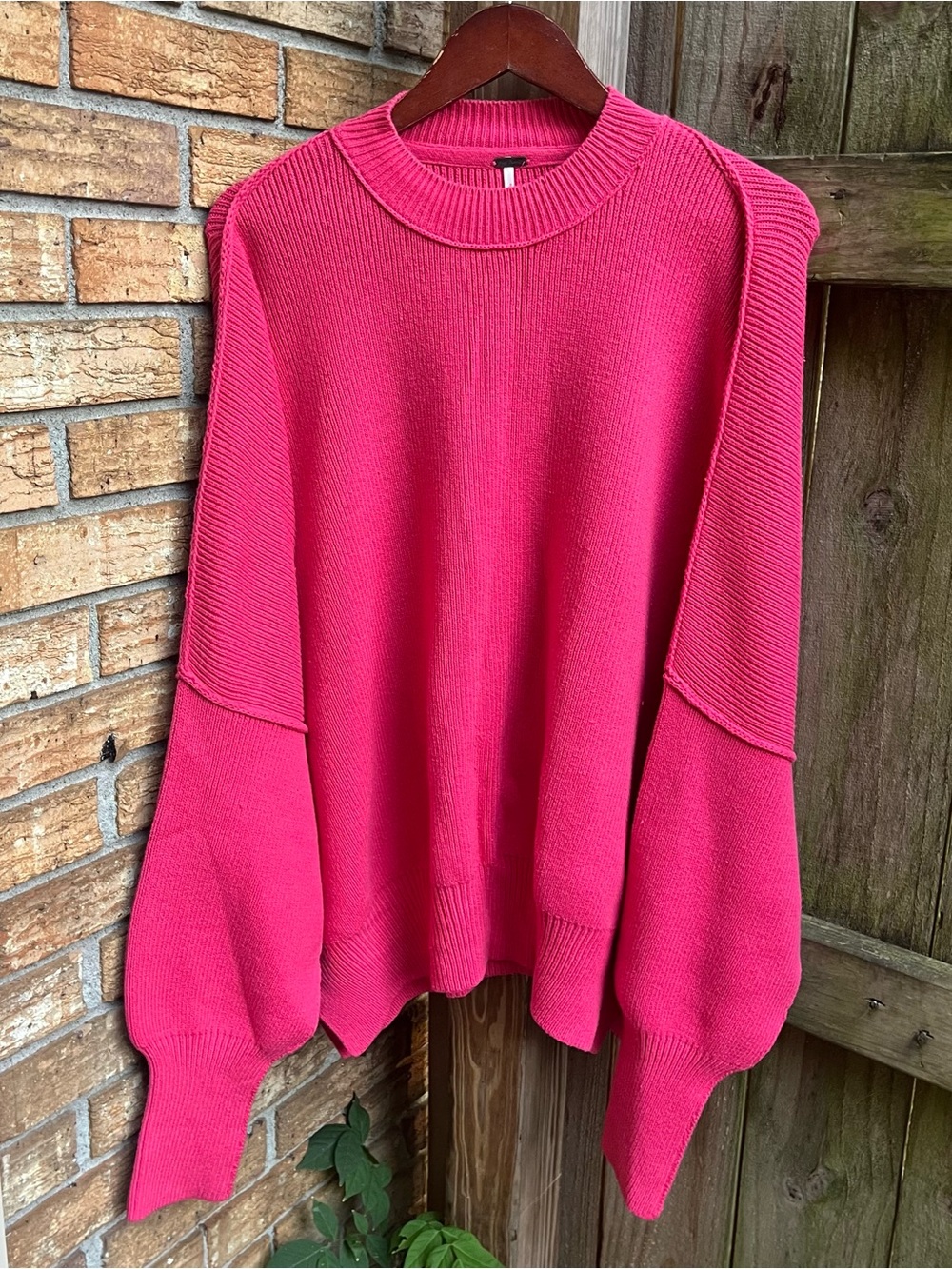 Free People Bright Pink Super Oversized Crewneck Knit Sweater